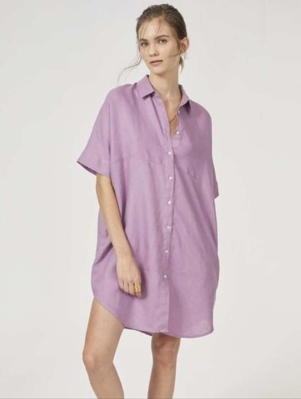 Lanhtropy Alba 100% Linen Shirt Dress Pockets Tan S/M Oversized Pockets Resort